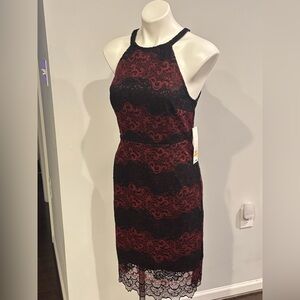 Kensie Black and Red Lace Midi Dress